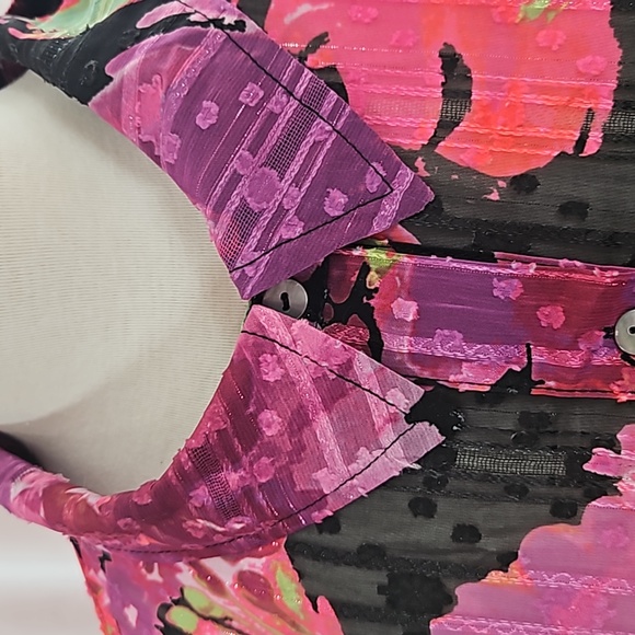 Pink Black Chiffon Susan Graver long sleeve button down tunic jacket - Picture 2 of 10